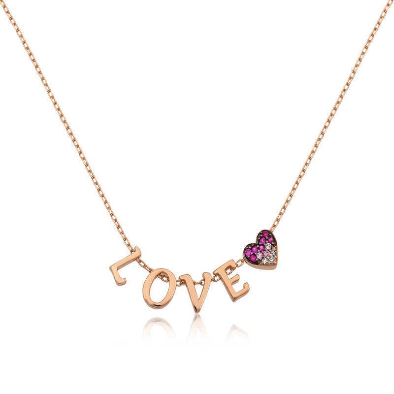 Gümüş Rose Kalpli Love Bayan Kolye