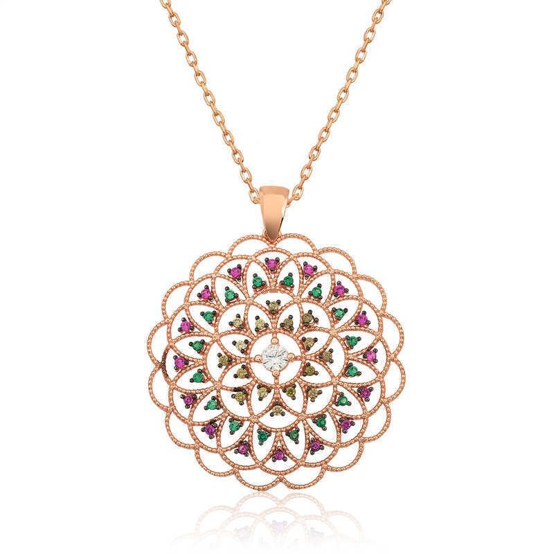 Gümüş Rose Geometrik Desenli Madalyon Kolye