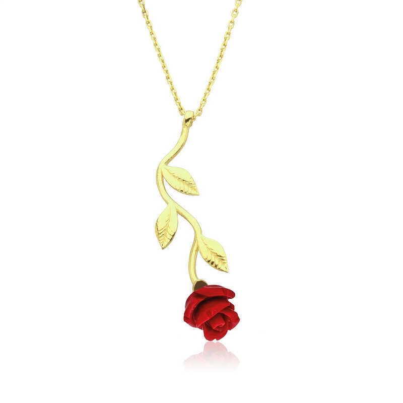 Gümüş Gold Kırmızı Gül Kolye