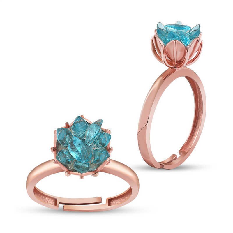 Gümüş Rose Mavi Lotus Çiçeği Yüzük